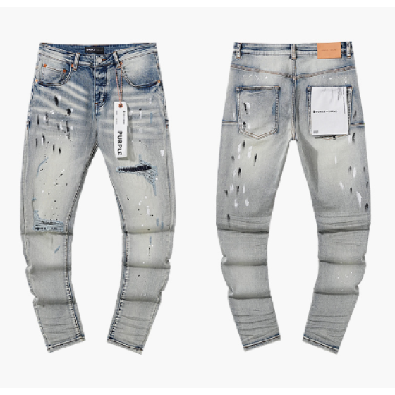 Light Blue Washed Slim Denim Jeans with Heavy Paint Splatter and Knee Distressing